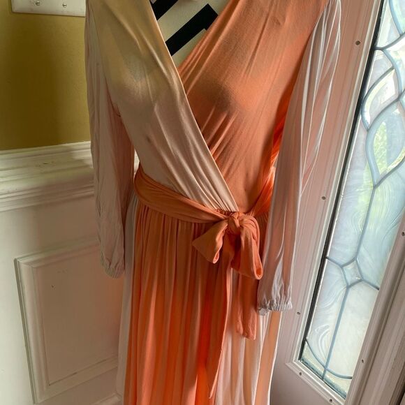 Calvin Klein color block Surplice Faux Wrap Dress in blossom,peach & cream SZ12 - Picture 5 of 16